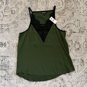 Express Women's Dark Green Silky Camisole with Black Lace NWT, S